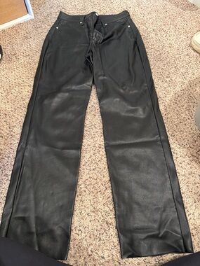 Black Leather Straight-Leg Pants